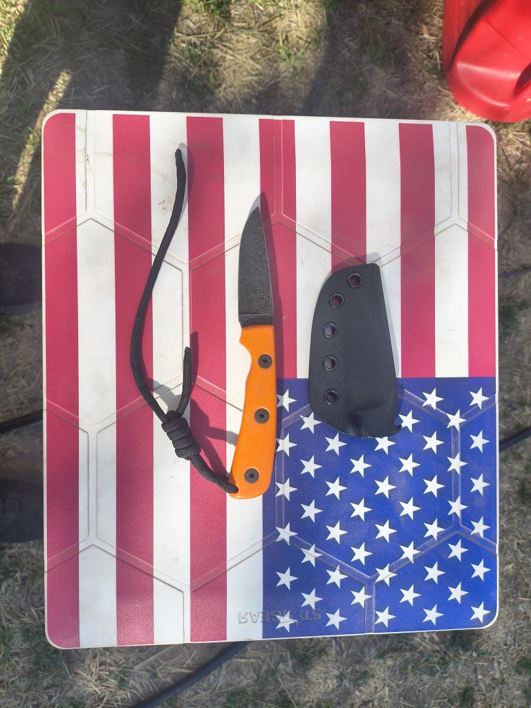 Fixed Blade Outdoor Knife with Orange Handle, Sheath, and Lanyard