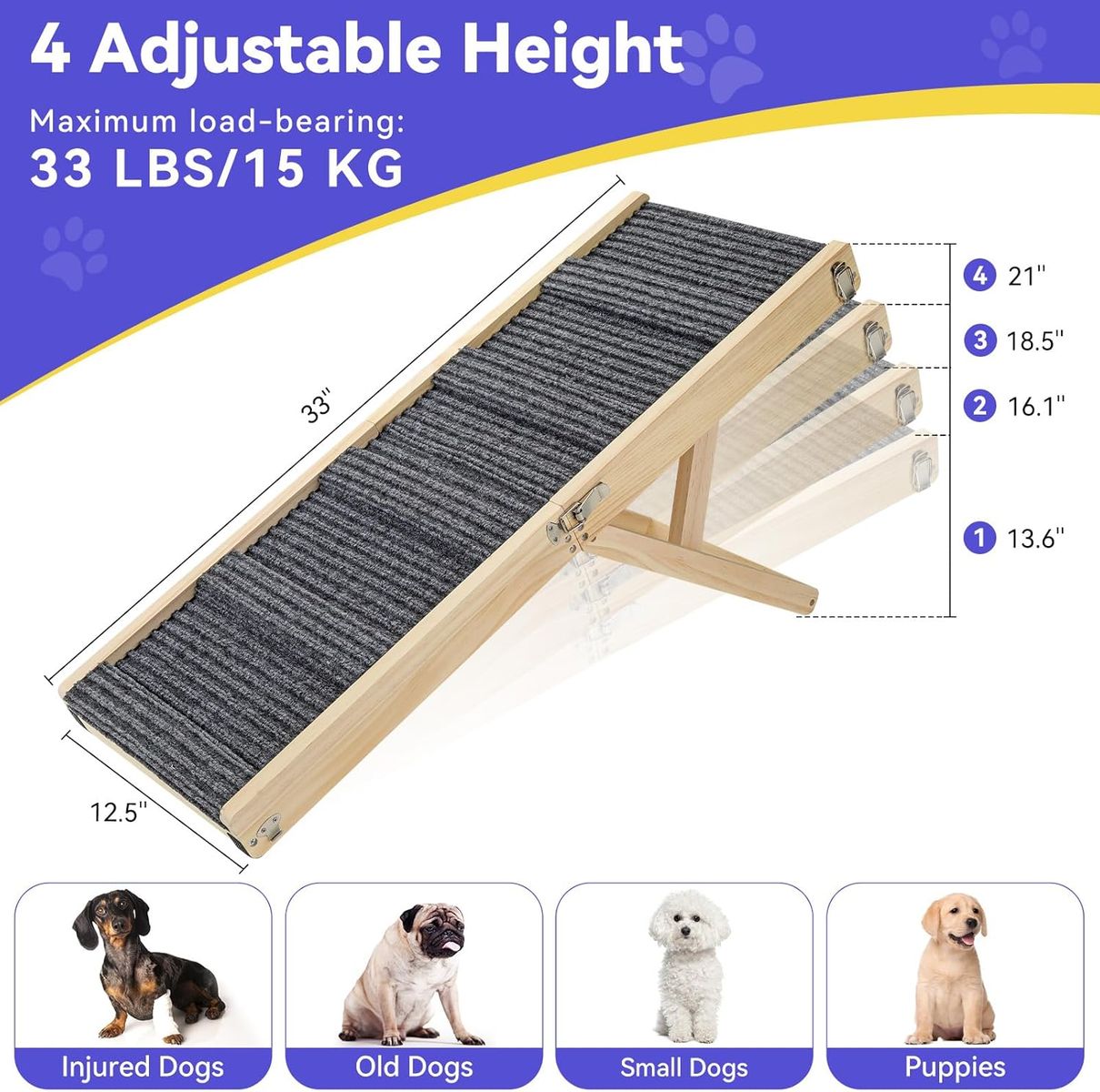 NEW Dog Ramp for Couch, Foldable Small Dog Pet Ramp for Low Bed, 5 Adjustable Height