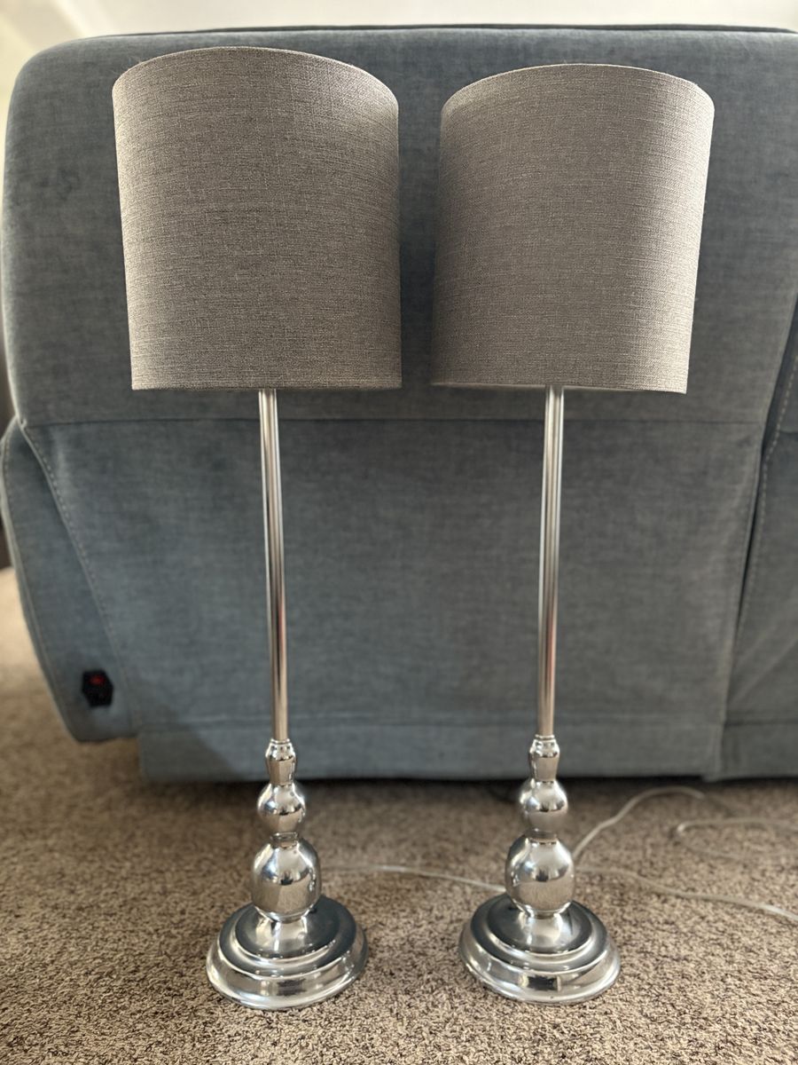 Two Tall Grey/Silver Table Lamps
