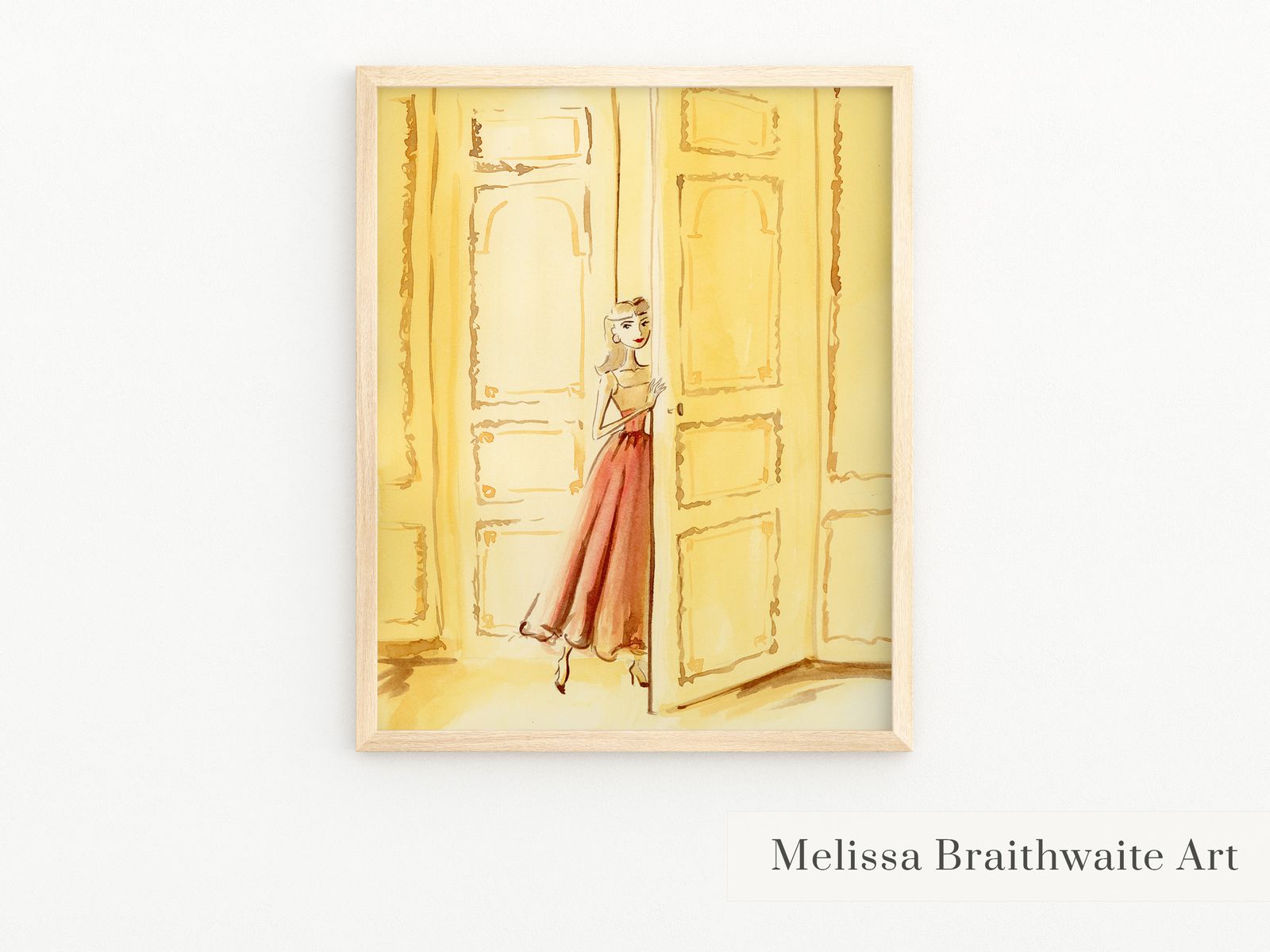 Woman in a doorway art print: Warm yellow gold color palette