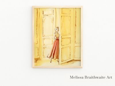 Woman in a doorway art print: Warm yellow gold color palette