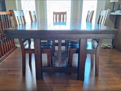 Solid Wood Farmhouse Table with Beautiful Veneer Top. (No Chairs)