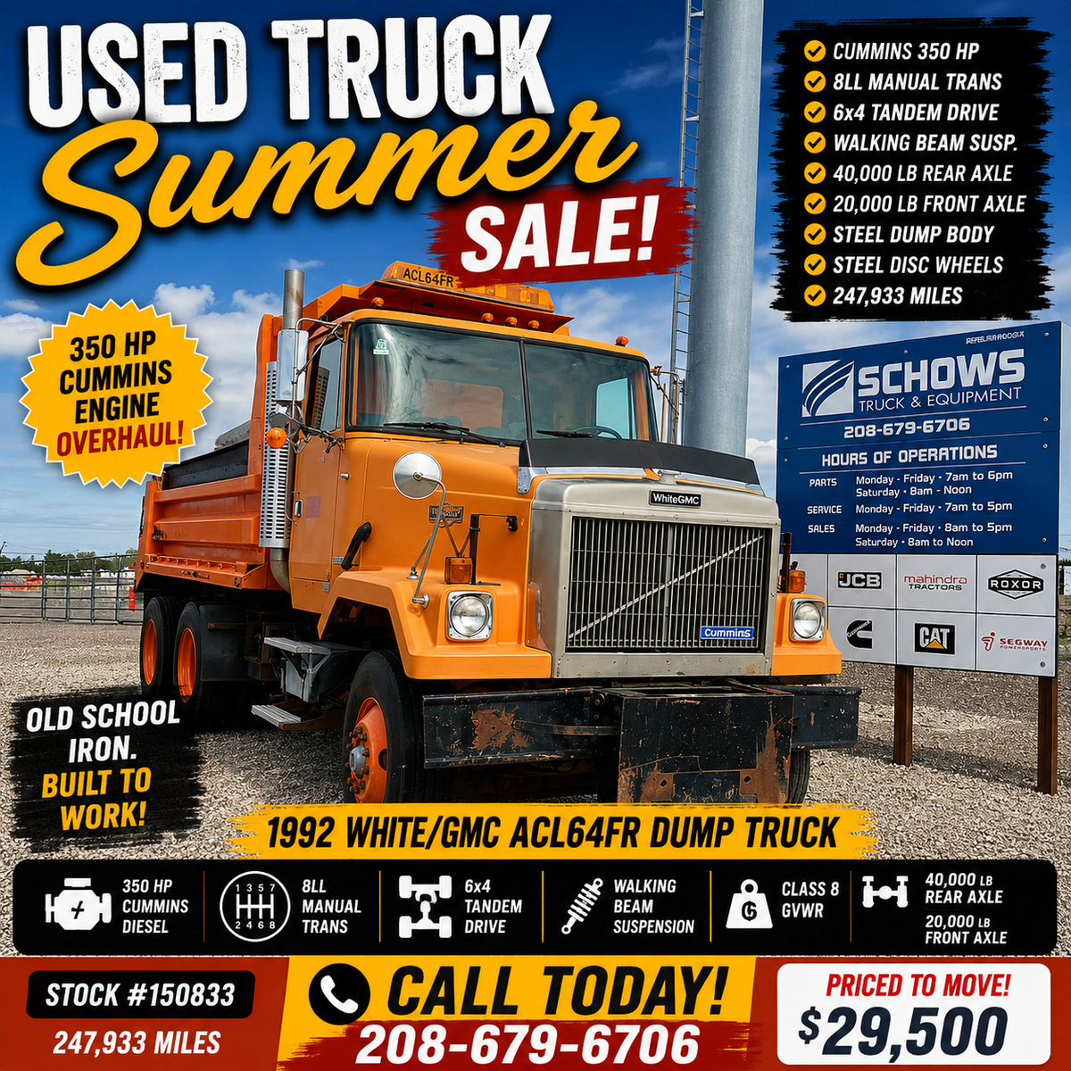 1992 WHITE/GMC ACL64FR DUMP TRUCK — CUMMINS 350 HP — 8LL — 6x4