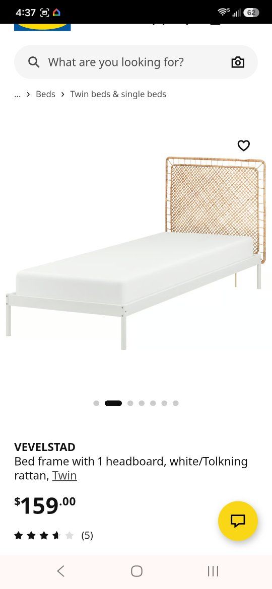 IKEA VEVELSTAD Bed Frame w/ TOLKNING Rattan Headboard, White, Twin Size
