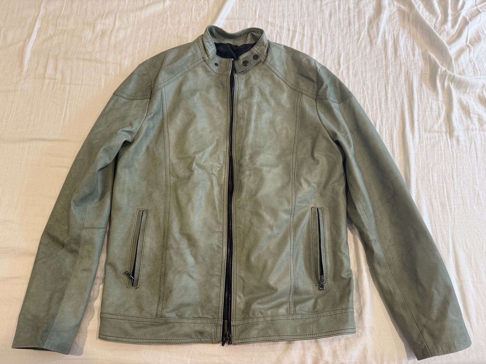 Men's Italian 100% Leather Cafe Racer Jacket - Light Sage Green, Size 52 (M)