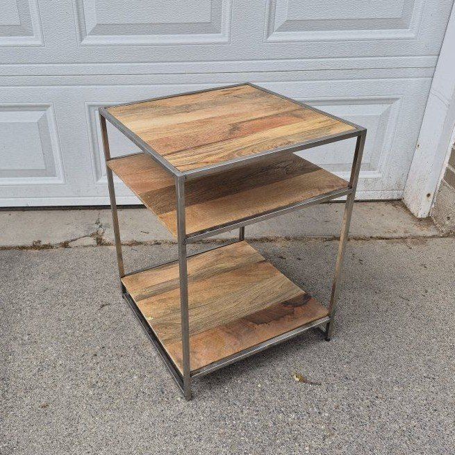 Industrial Style End Table / Nightstand - Metal Frame & Wood Shelves (3-Tier)