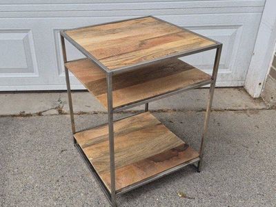 Industrial Style End Table / Nightstand - Metal Frame & Wood Shelves (3-Tier)