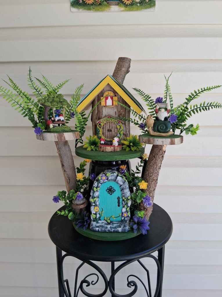 Handcrafted Multi-Tier Wooden Fairy Garden Treehouse with Miniatures and Foliage Decor