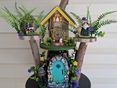 Handcrafted Multi-Tier Wooden Fairy Garden Treehouse with Miniatures and Foliage Decor