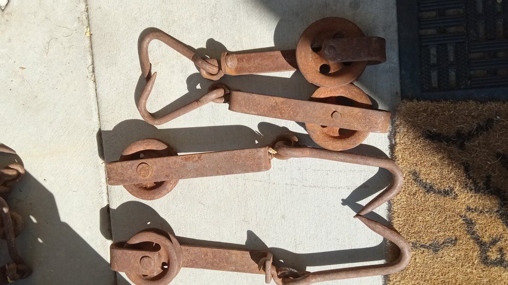 11 Vintage Industrial Meat Hook Pulleys - Antique Butcher Shop Trolleys