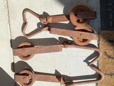 11 Vintage Industrial Meat Hook Pulleys - Antique Butcher Shop Trolleys