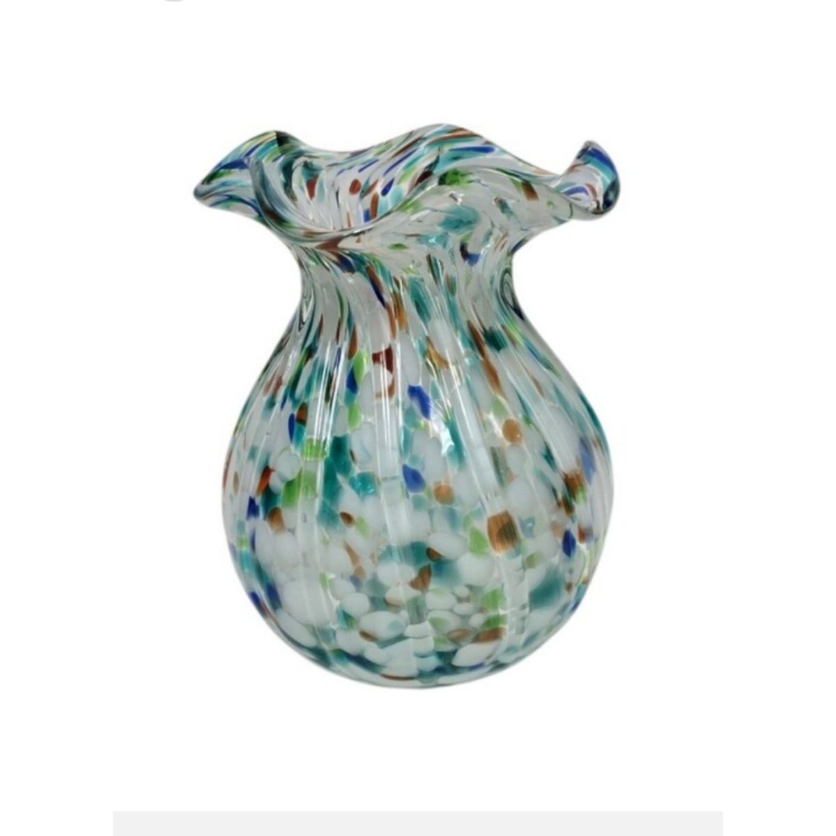 Hand Blown Art Glass Vase Ruffled Rim Confetti Frit Aqua Blue White 7.5 Inch