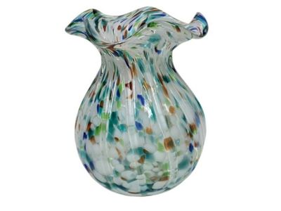 Hand Blown Art Glass Vase Ruffled Rim Confetti Frit Aqua Blue White 7.5 Inch