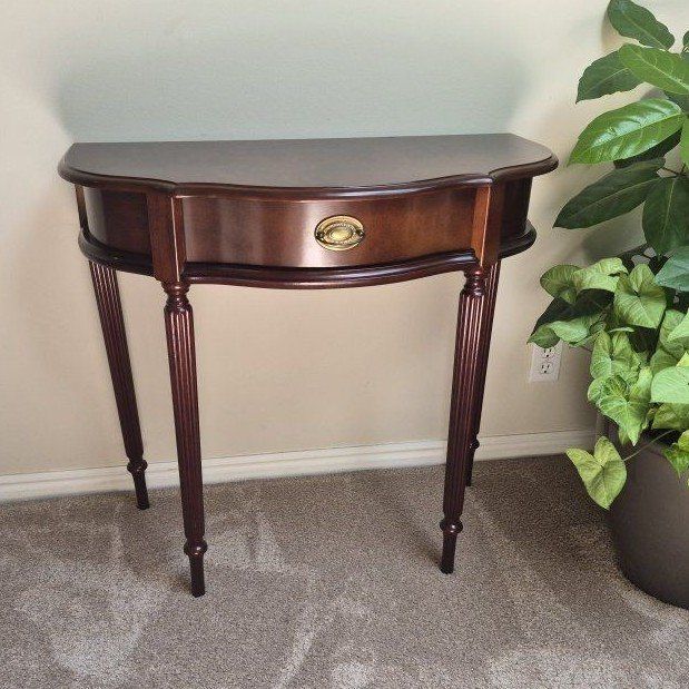 Classic Half-Moon Console Table, Dark Wood Finish with Brass Drawer Pull