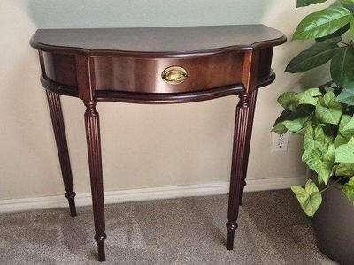 Classic Half-Moon Console Table, Dark Wood Finish with Brass Drawer Pull