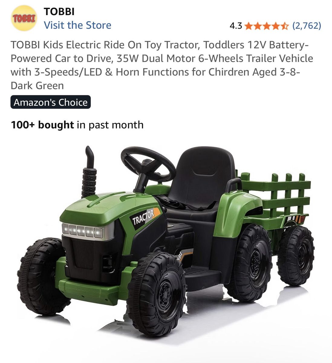 TOBBI 12V Kids Electric Ride-On Tractor with Detachable Trailer - Green (New in Box)