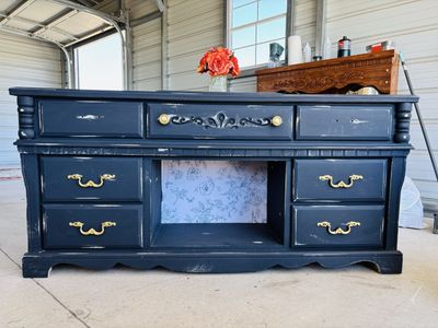 Distressed Black Console Table/Dresser with Gold Hardware & Floral Lined Cabinet