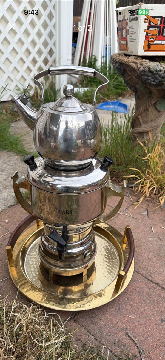 PARS Stainless Steel Samovar Tea Urn & Kettle Set - Brass Base & Handles
