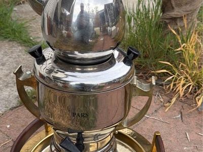 PARS Stainless Steel Samovar Tea Urn & Kettle Set - Brass Base & Handles
