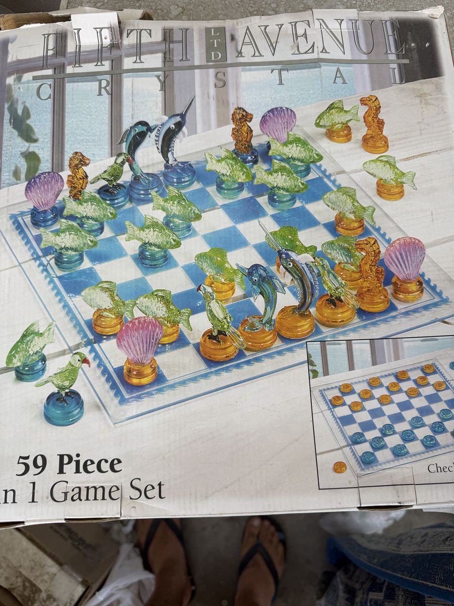 Fifth Avenue Crystal Ltd 59-Piece Ocean Theme Glass Chess & Checkers Game Set