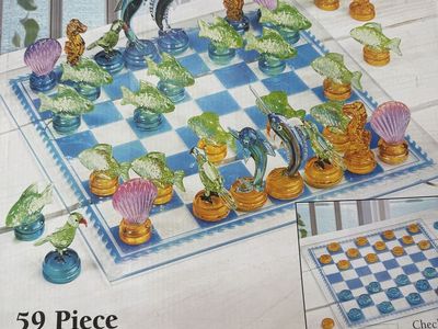 Fifth Avenue Crystal Ltd 59-Piece Ocean Theme Glass Chess & Checkers Game Set