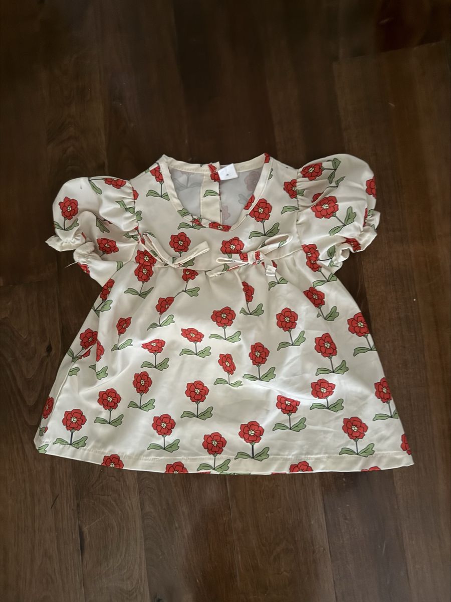 Cream floral poppy print puff sleeve dress with red flowers 12-18 months