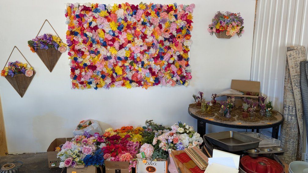 wedding supplies, flower photo wall, huge doughnut board and supplies, table clothes, bases, Deco, ect. 