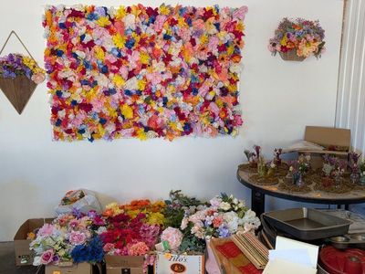 wedding supplies, flower photo wall, huge doughnut board and supplies, table clothes, bases, Deco, ect.