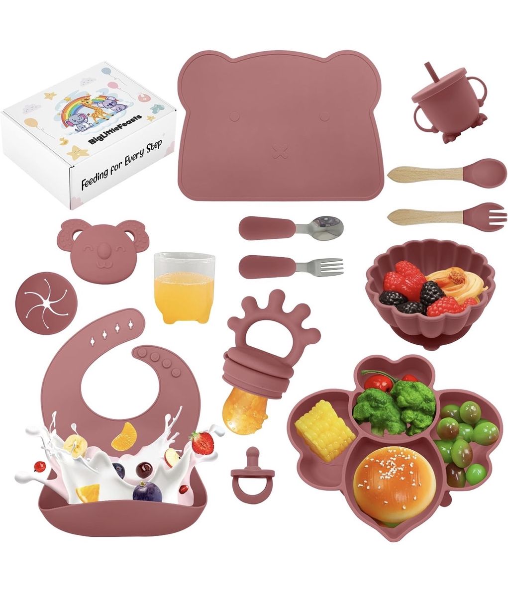 Baby Feeding Set (13 Pcs) - Silicone Bib, Plate, Bowl, Utensils & More