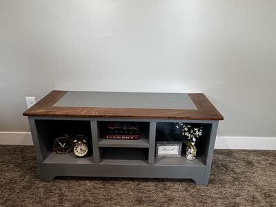 Gray and Wood-Finish TV Stand Media Console with Open Shelves