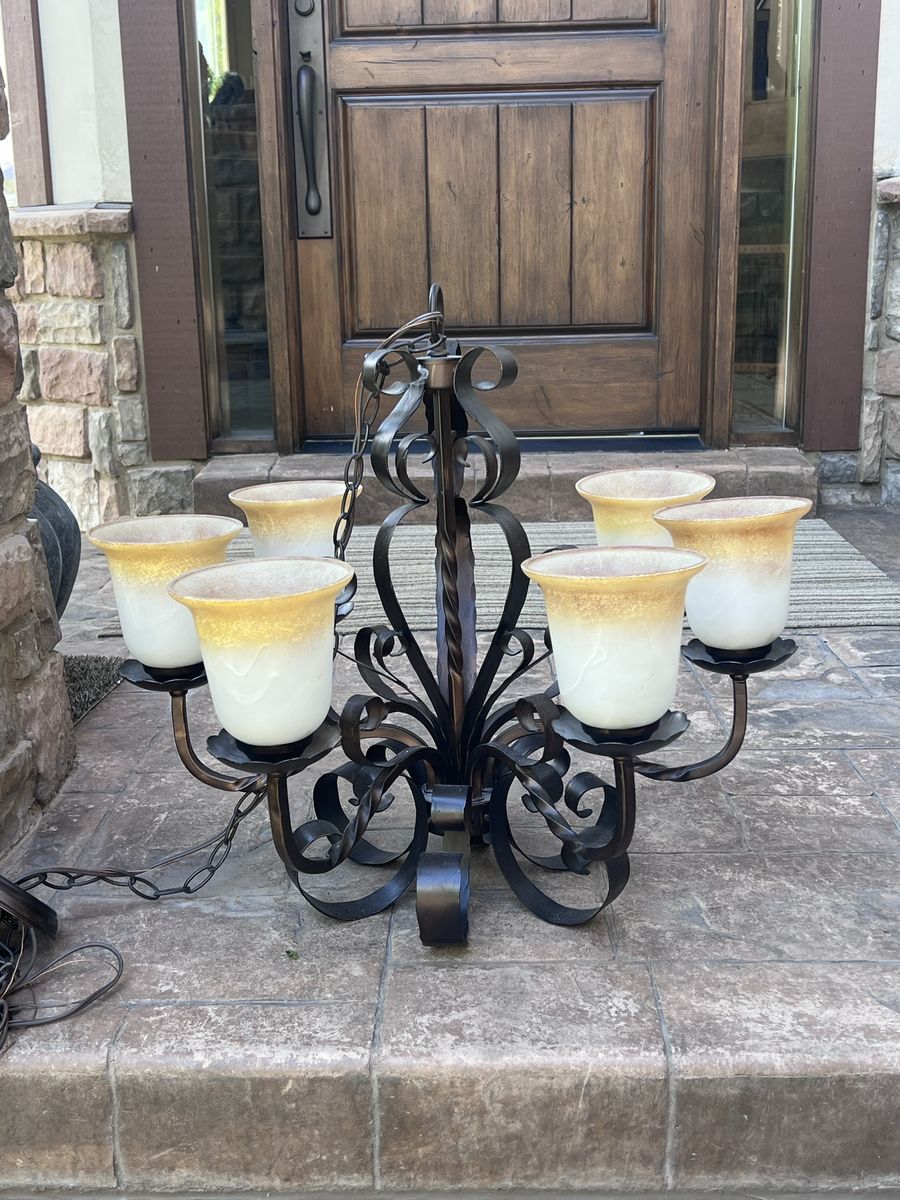Rustic Bronze Chandelier with Frosted Amber Glass Shades - 6 Light Fixture