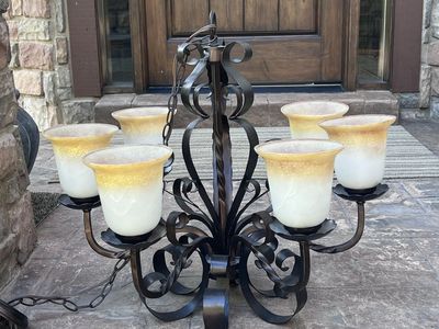 Rustic Bronze Chandelier with Frosted Amber Glass Shades - 6 Light Fixture