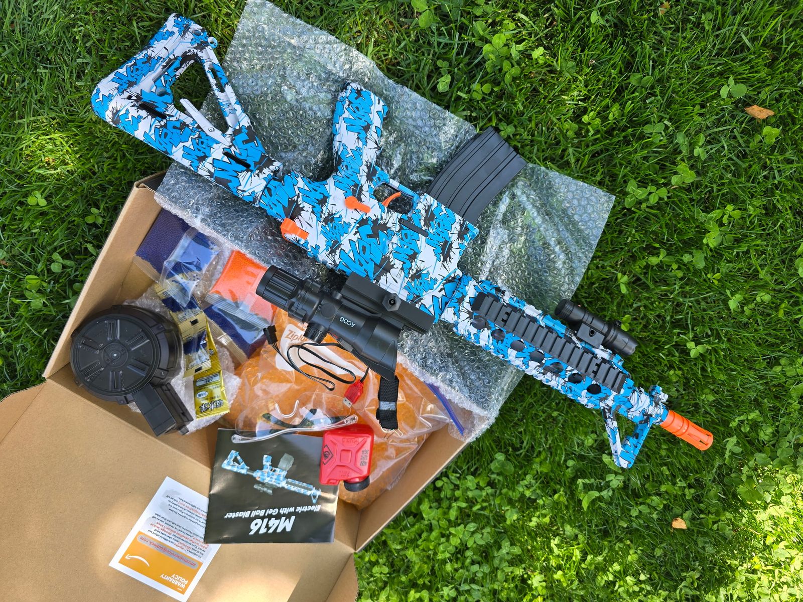 M416 Electric Gel Ball Blaster Blue Graffiti Full Kit Drum Mag Scope Rechargeable