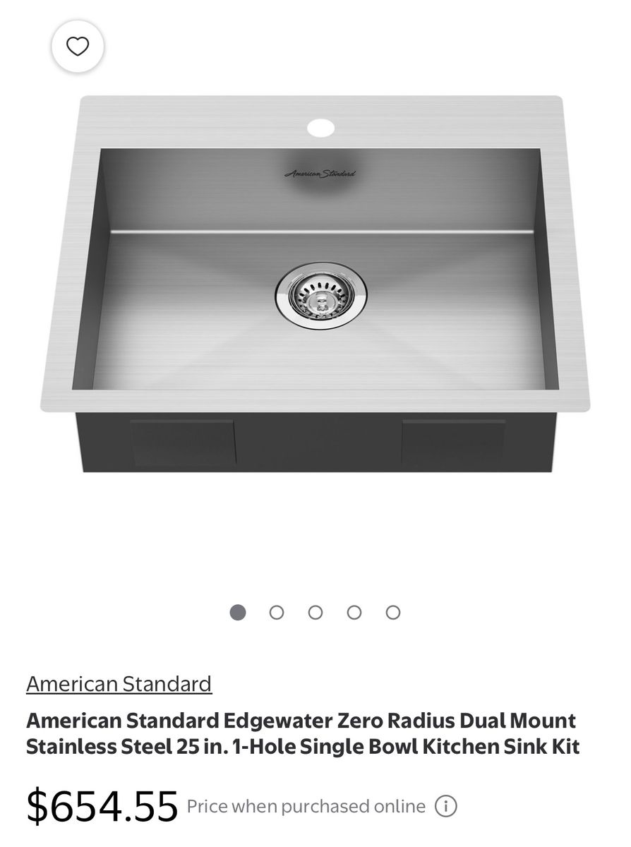 American Standard Edgewater Zero Radius 25" Stainless Steel Dual Mount Single Bowl Kitchen Sink
