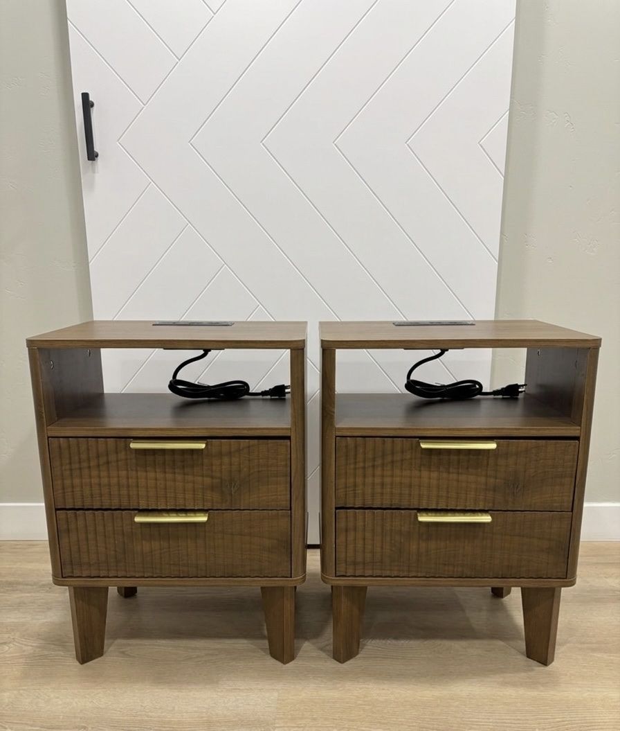 Set of 2 Wood Nightstands with Charging Ports - Modern Bedside Tables