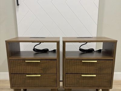 Set of 2 Wood Nightstands with Charging Ports - Modern Bedside Tables