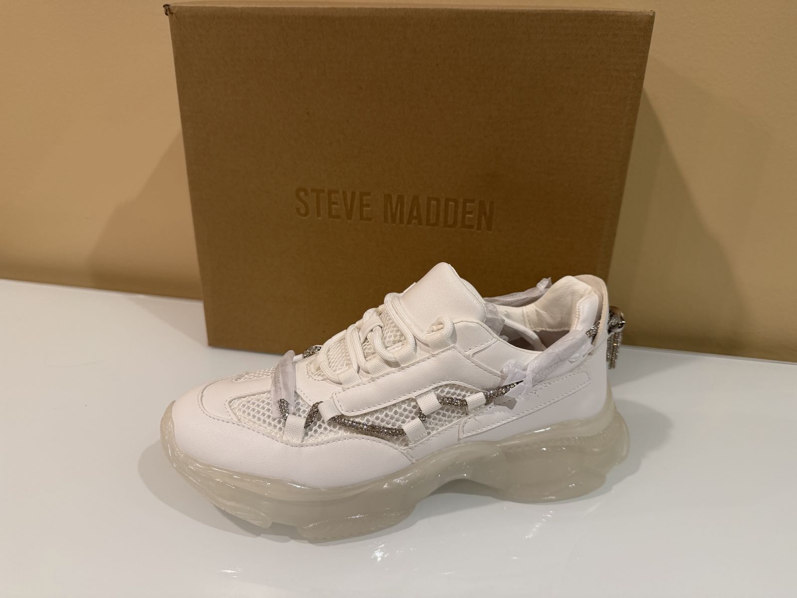 Steve Madden Maxima White Embellished Clear Sole Sneakers Women's Size 9.5