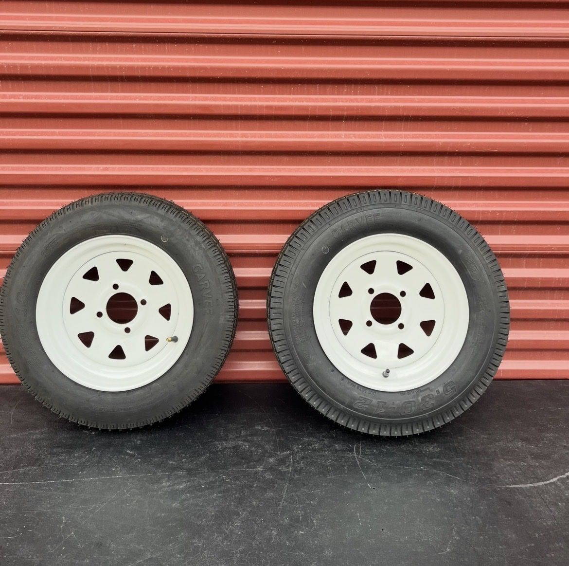 Set of 2 Garvee ST 5.30-12 Trailer Tires Mounted on New White Spoke Wheels       4 Lug Pattern  Brand New 