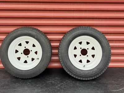 Set of 2 Garvee ST 5.30-12 Trailer Tires Mounted on New White Spoke Wheels 4 Lug Pattern Brand New