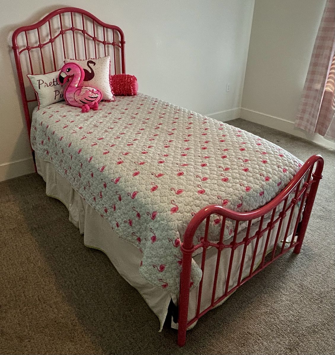 Vintage twin Bed with New Quilt & Pillows Pink