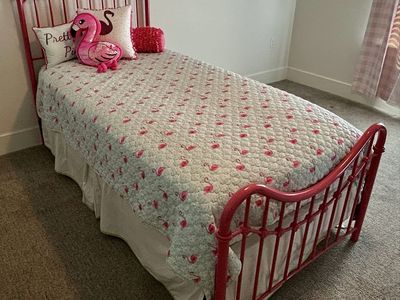 Vintage twin Bed with New Quilt & Pillows Pink