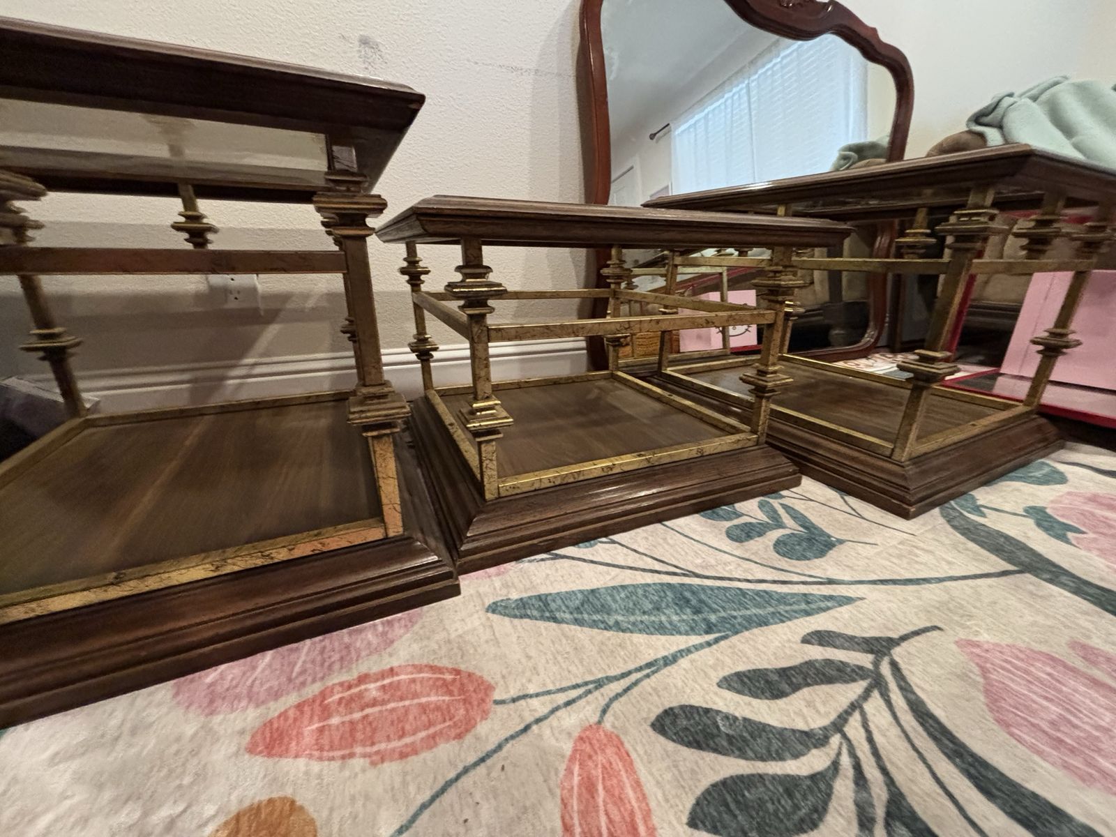 Vintage Wood & Brass Frame Glass Top Nesting End Tables - Set of 3