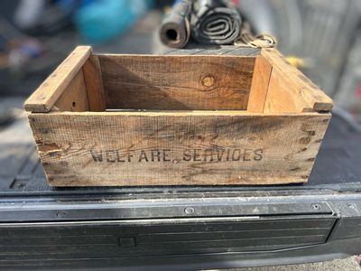 Vintage Wooden Crate "Welfare Services" Rustic Farmhouse Storage Box Primitive Decor