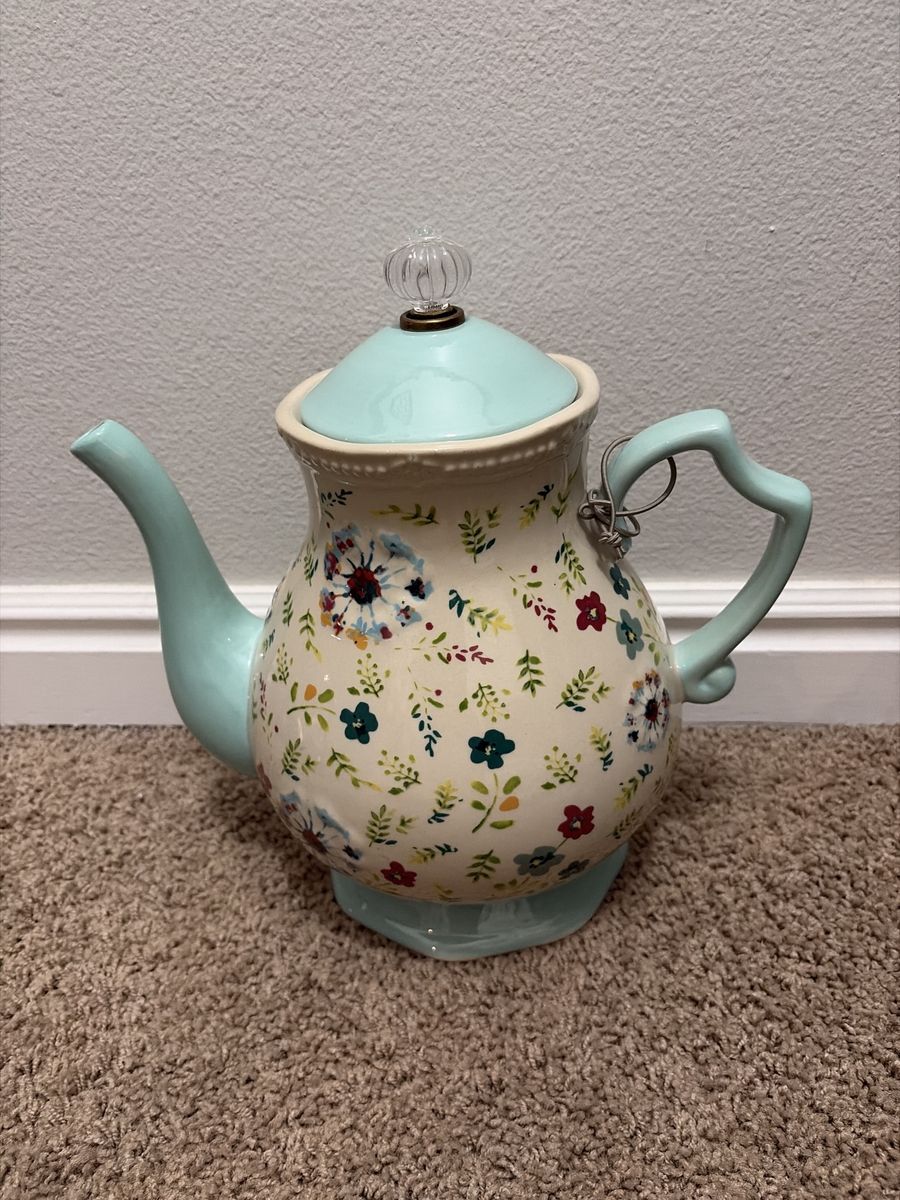 The Pioneer Woman Large Flea Market Floral Teapot Kettle (11 inches tall) Teal White Farmhouse Decor