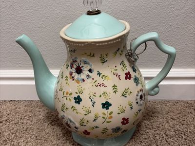 The Pioneer Woman Large Flea Market Floral Teapot Kettle (11 inches tall) Teal White Farmhouse Decor