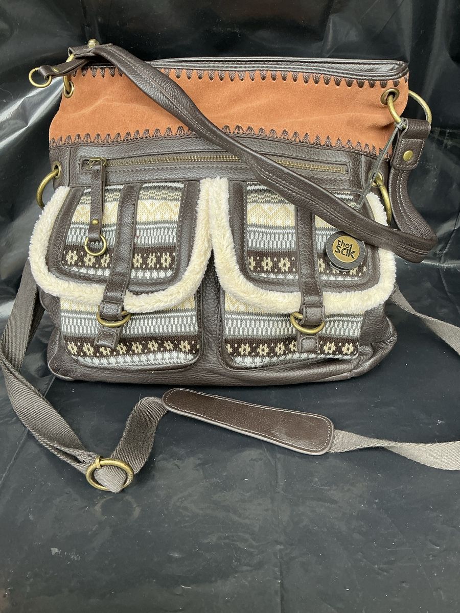 The Sak Brown Leather & Suede Fair Isle Boho Messenger/Crossbody Bag