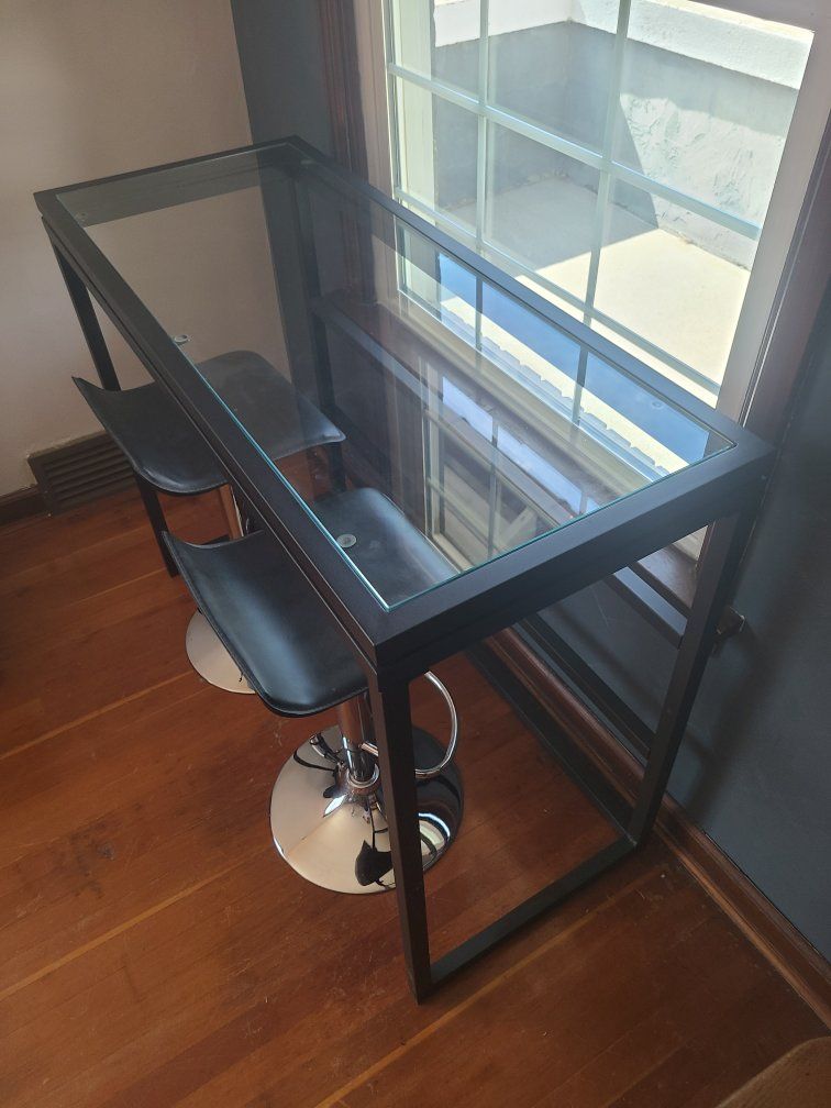 Modern Console Bar Table with Glass Top & Black Metal Frame - Two Black Bar Stools Included