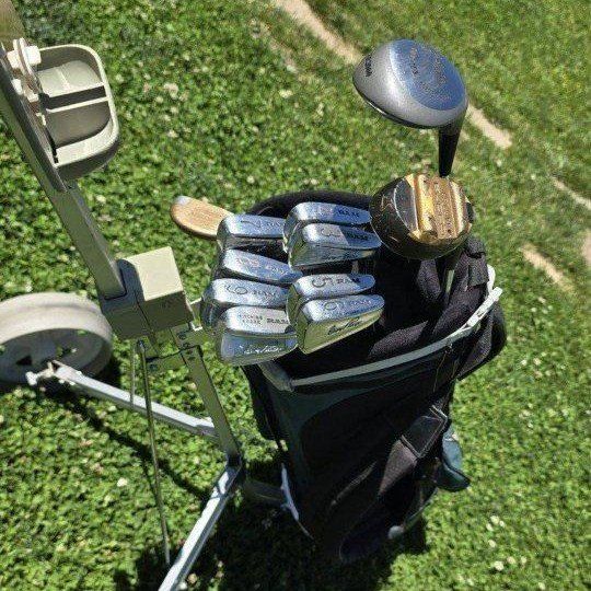 VINTAGE WILSON GOLF CLUB SET WITH GOLF CADDY! FOLDS UP! SAVES MONEY! RARE Gary PLAYER MUSCLE-BACK SET