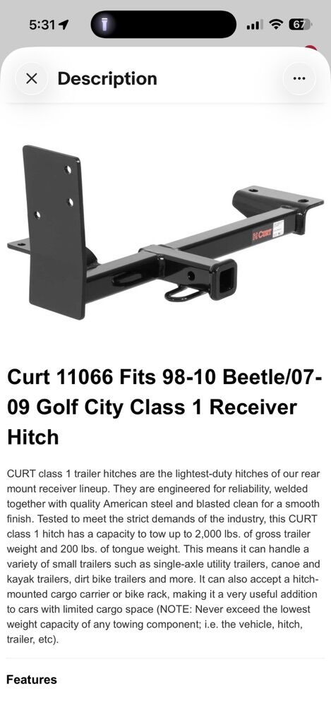 Curt 11066 98-10 Beetle 07-09 Golf Receiver Hich