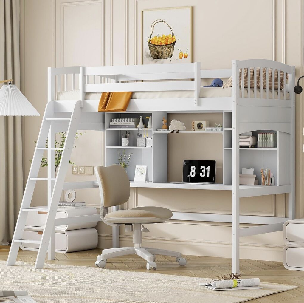 White Twin Loft Bed with Desk